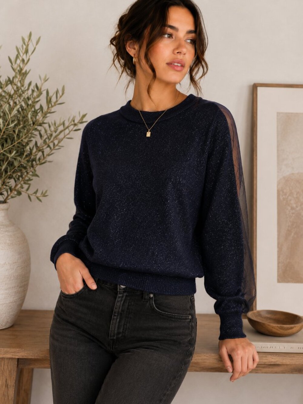 Midnight Blue Sparkle Knit Top | Sheer Sleeve Slits | Size S | NWT